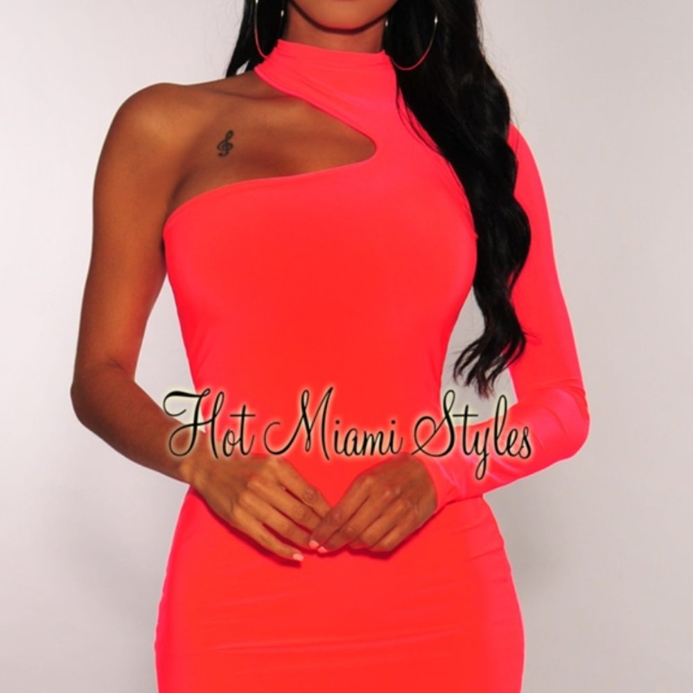 Neon Coral Cut Out Shoulder Sleeve Dress - Medium